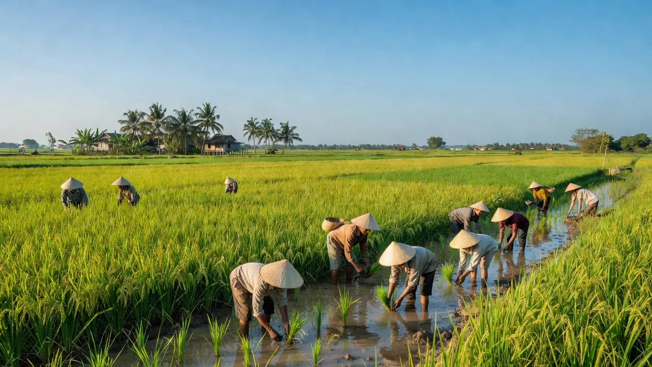 Cánh đồng lúa xanh tươi ở xã Vĩnh Trị, huyện Vĩnh Hưng, tỉnh Long An, biểu tượng của nông nghiệp.