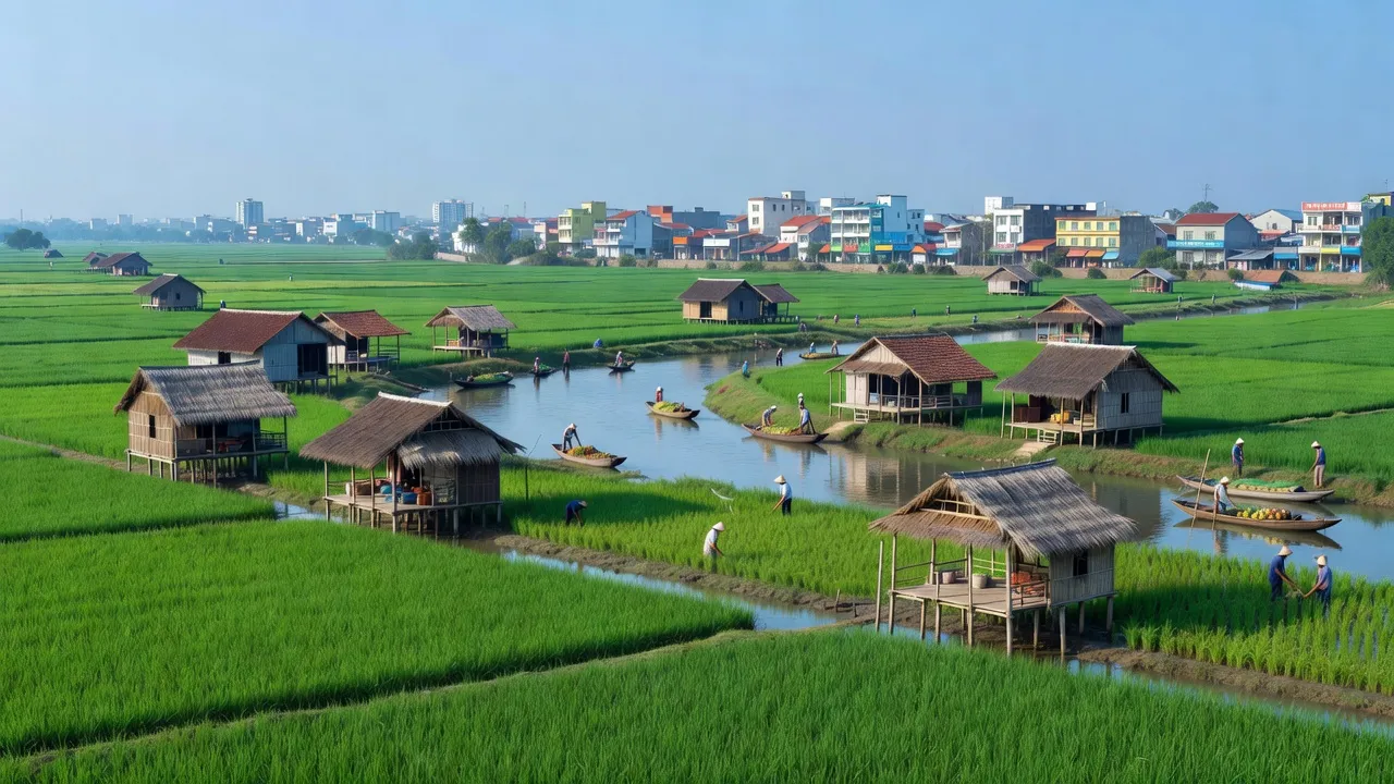 Cánh đồng xanh tươi ở Long An, gần thành phố Tân An, Việt Nam, thể hiện sự phát triển.