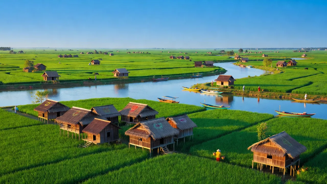 Long An tỉnh thuộc Đồng bằng sông Cửu Long, với cánh đồng xanh mướt và sông Mekong.