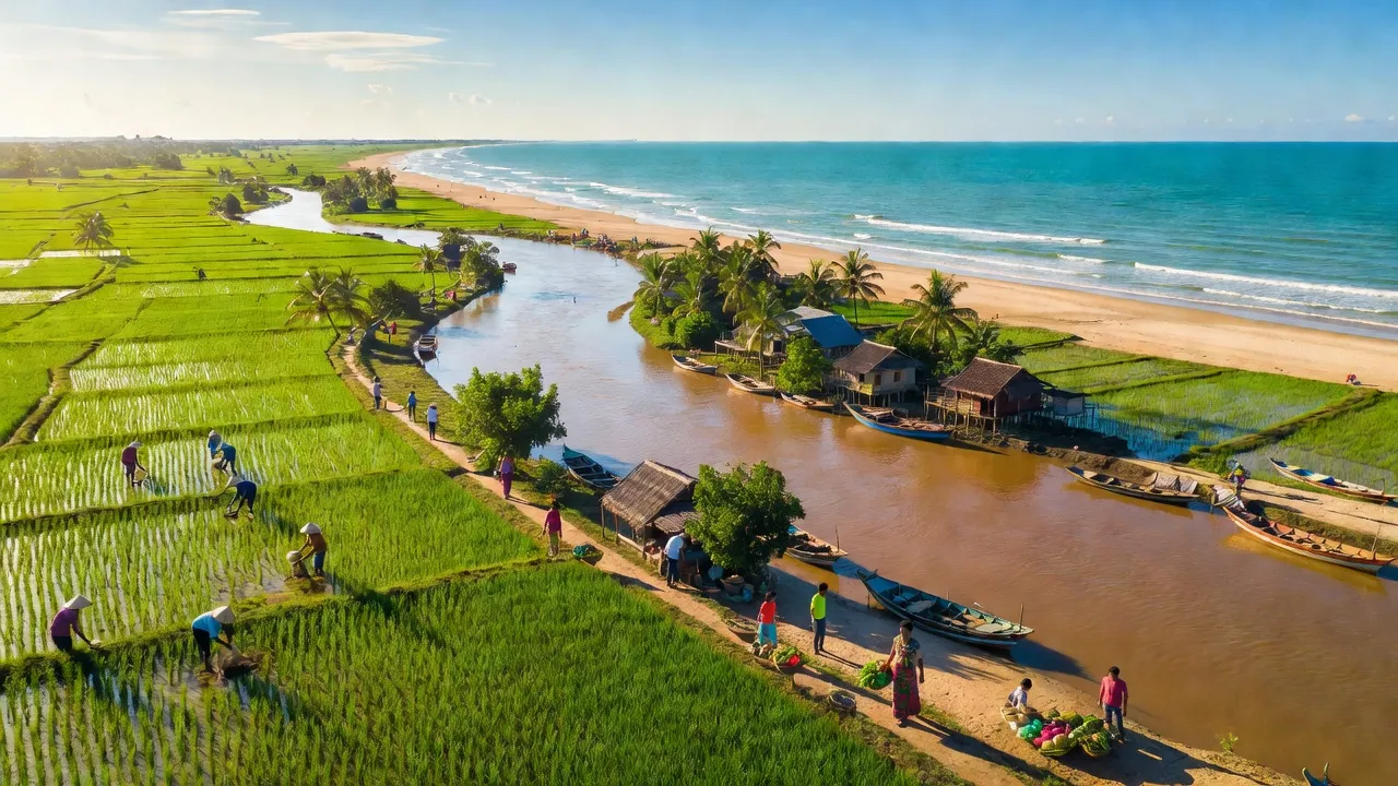 Cảnh biển và đồng ruộng huyện Giao Thủy, tỉnh Nam Định, thể hiện nông nghiệp ven biển và sông Hồng.