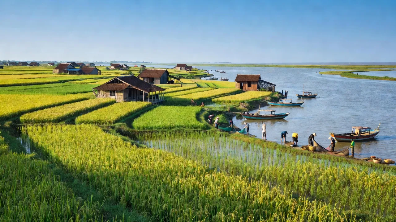 Cảnh quan huyện Giao Thủy, Nam Định, với đồng ruộng và cửa sông Ba Lạt, thể hiện nông nghiệp và thủy sản.