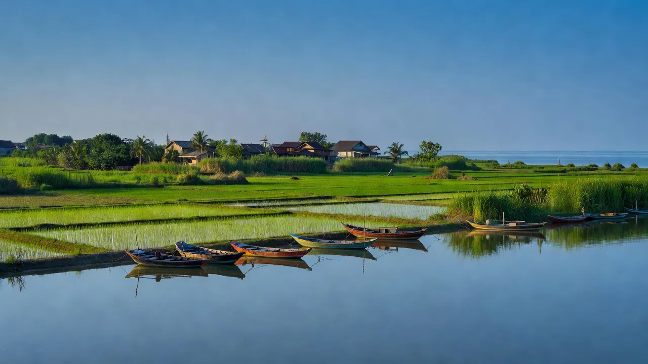 Bạch Long village, Giao Thủy, Nam Định với cảnh đẹp ven biển và ruộng lúa xanh.