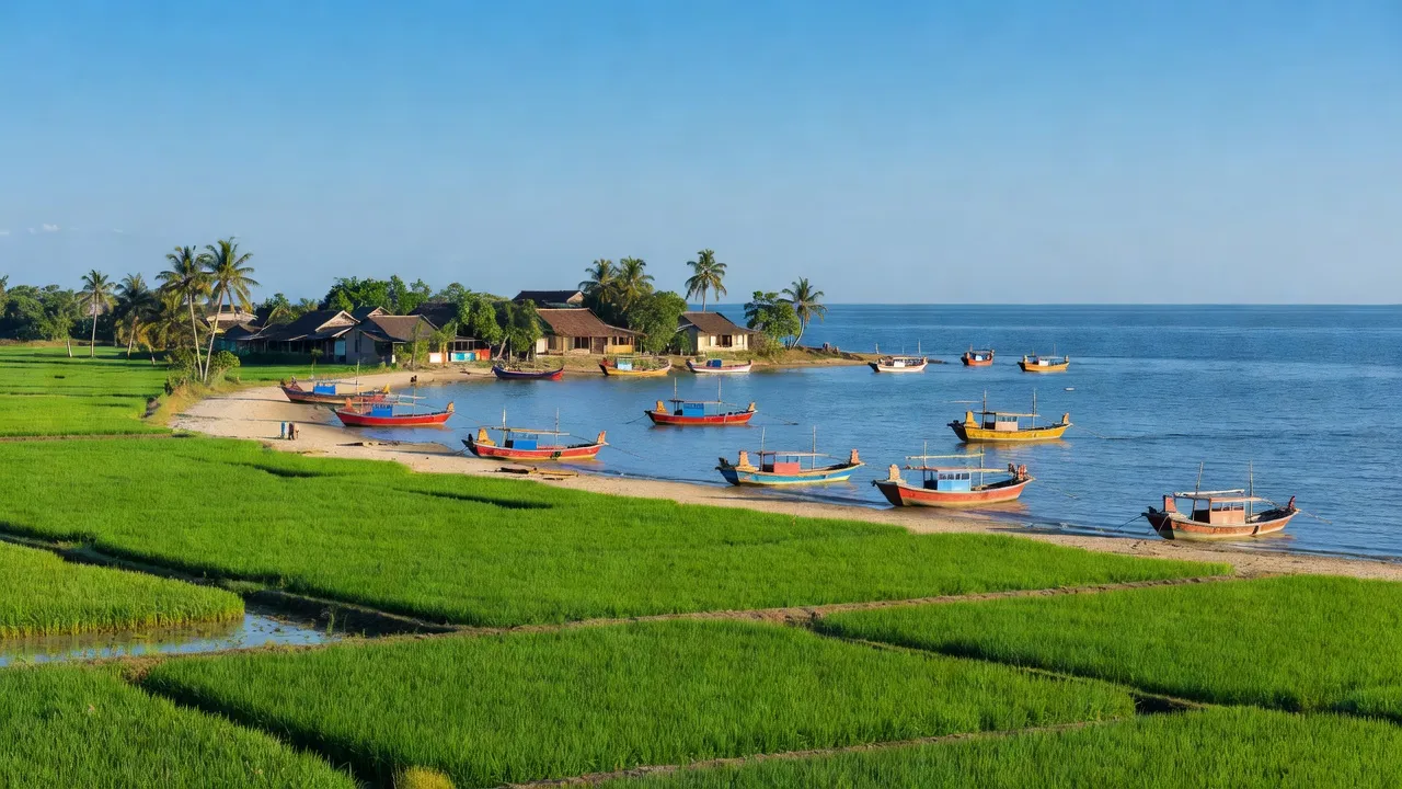 Khung cảnh ven biển xã Bạch Long, huyện Giao Thủy, tỉnh Nam Định với thuyền cá và ruộng xanh.