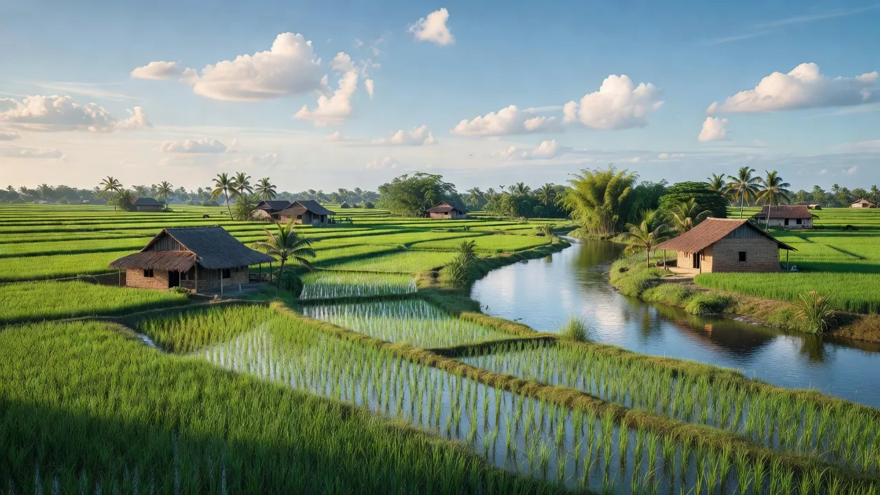 Khung cảnh xã Bình Hòa, huyện Giao Thủy, Nam Định với cánh đồng xanh và nhà truyền thống.