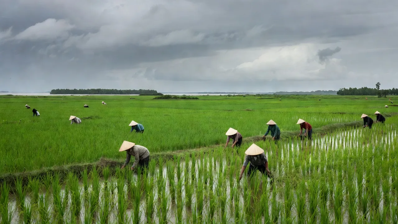 Khung cảnh xã Giao An, huyện Giao Thủy, tỉnh Nam Định với cánh đồng xanh và bầu trời u ám.