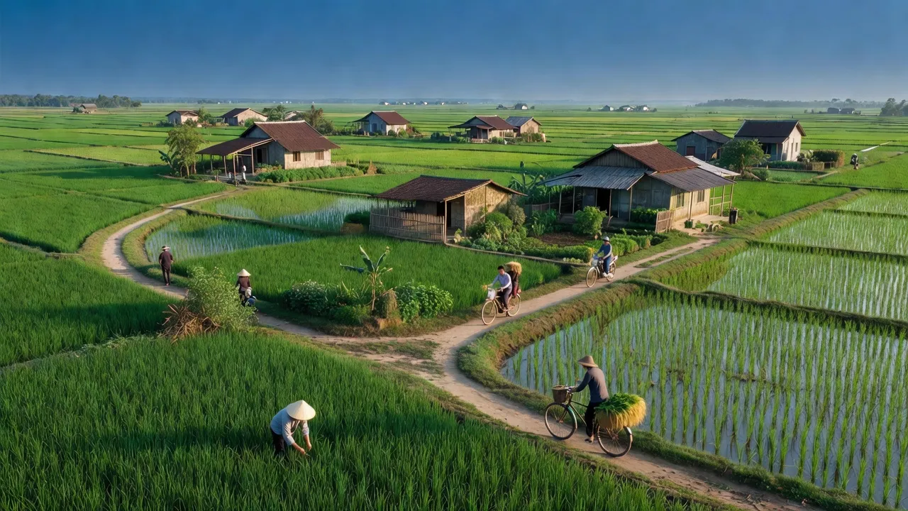 Cảnh quan xã Giao Hà, huyện Giao Thủy, tỉnh Nam Định với cánh đồng xanh và nhà nông thôn.