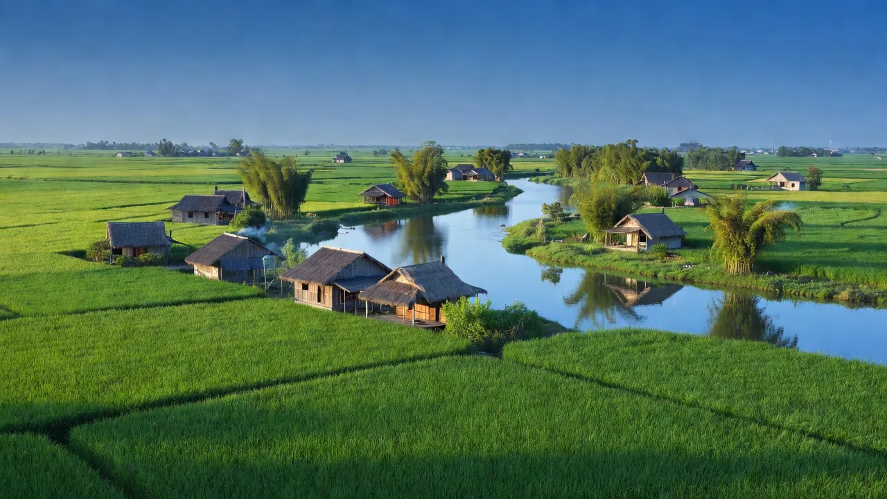Cảnh sắc nông thôn Giao Hà, Giao Thủy, Nam Định với cánh đồng xanh và nhà truyền thống.