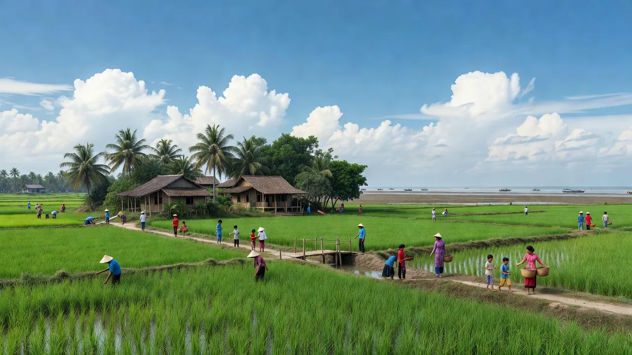 Cảnh đồng xanh và nhà cửa Xã Giao Hải, huyện Giao Thủy, Nam Định, thể hiện khí hậu nhiệt đới