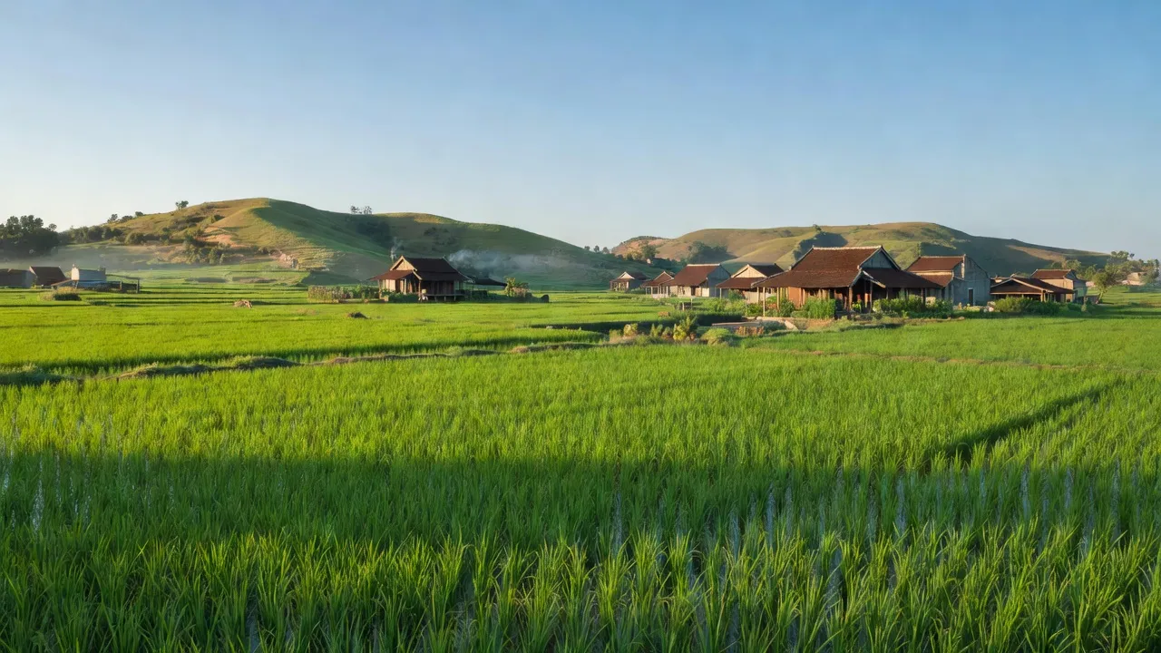 Khung cảnh yên bình ở xã Giao Hương, huyện Giao Thủy, Nam Định với cánh đồng xanh mướt.