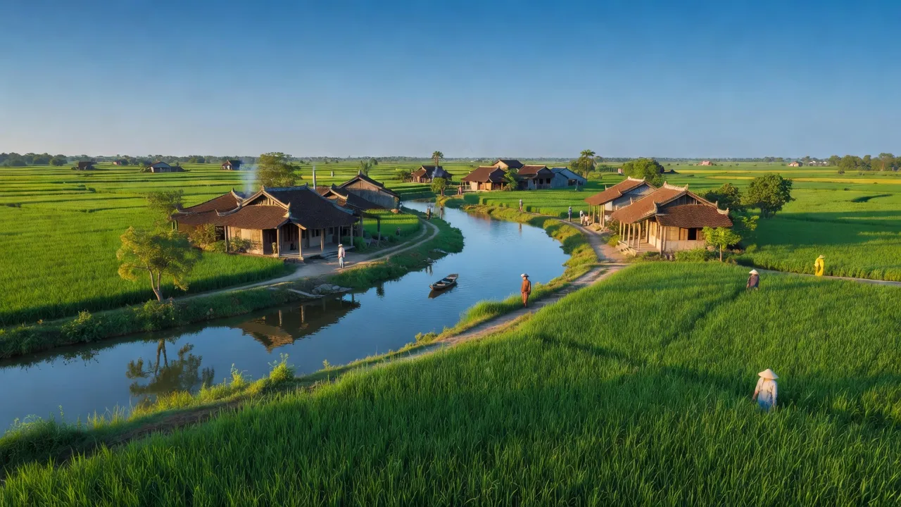 Khung cảnh yên bình của xã Giao Lạc, Huyện Giao Thủy, Tỉnh Nam Định với cánh đồng và nhà truyền thống.