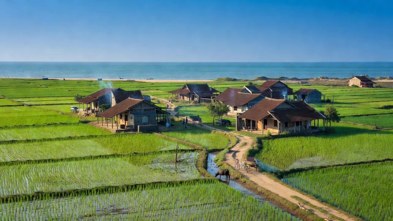 Cảnh đẹp xã Giao Long, huyện Giao Thủy, tỉnh Nam Định với đồng lúa xanh và nhà truyền thống.