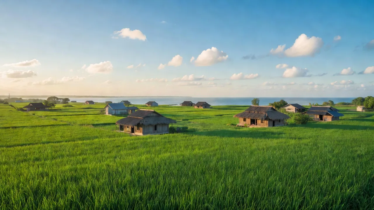 Cảnh đẹp xã Giao Nhân, huyện Giao Thủy, tỉnh Nam Định với cánh đồng xanh và bầu trời trong sáng.