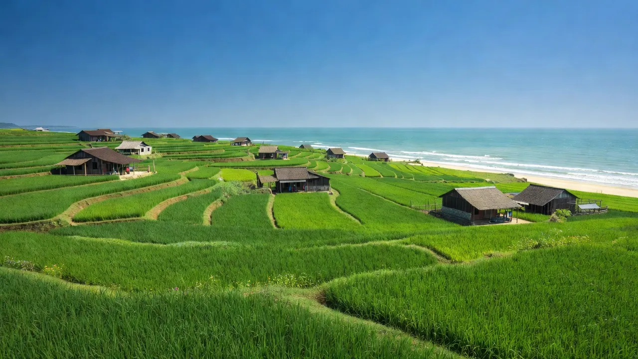 Cảnh đồng xanh Giao Phong, huyện Giao Thủy, tỉnh Nam Định, với ruộng lúa và nhà truyền thống.