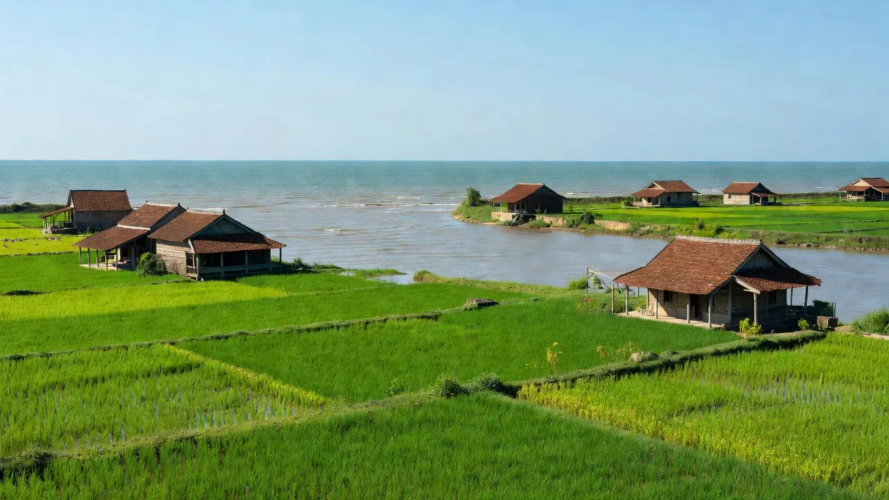Khung cảnh yên bình ở xã Giao Tân, huyện Giao Thủy, tỉnh Nam Định với cánh đồng xanh và sông Hồng.