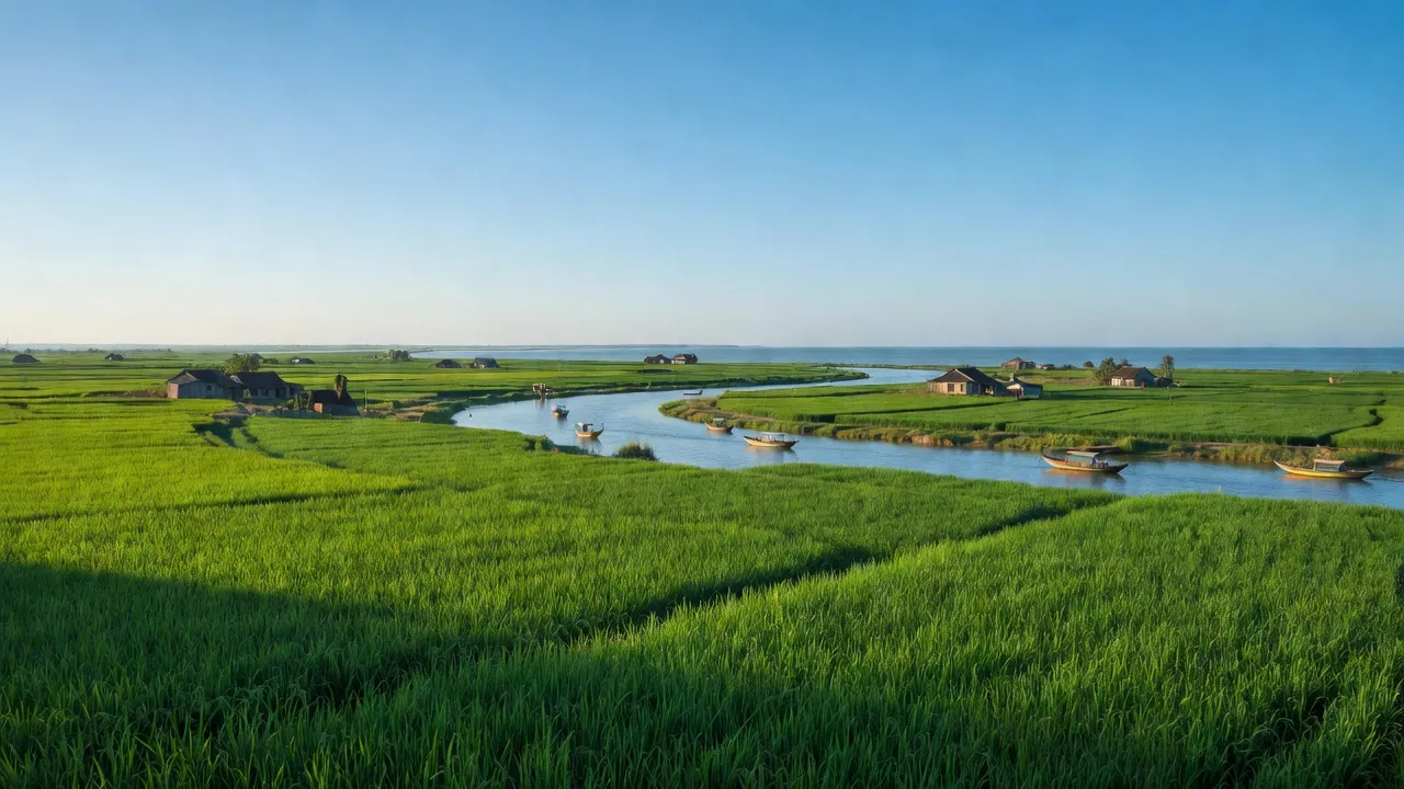 Phong cảnh xã Giao Tân, huyện Giao Thủy, Nam Định, với cánh đồng, sông Hồng và bầu trời trong xanh.