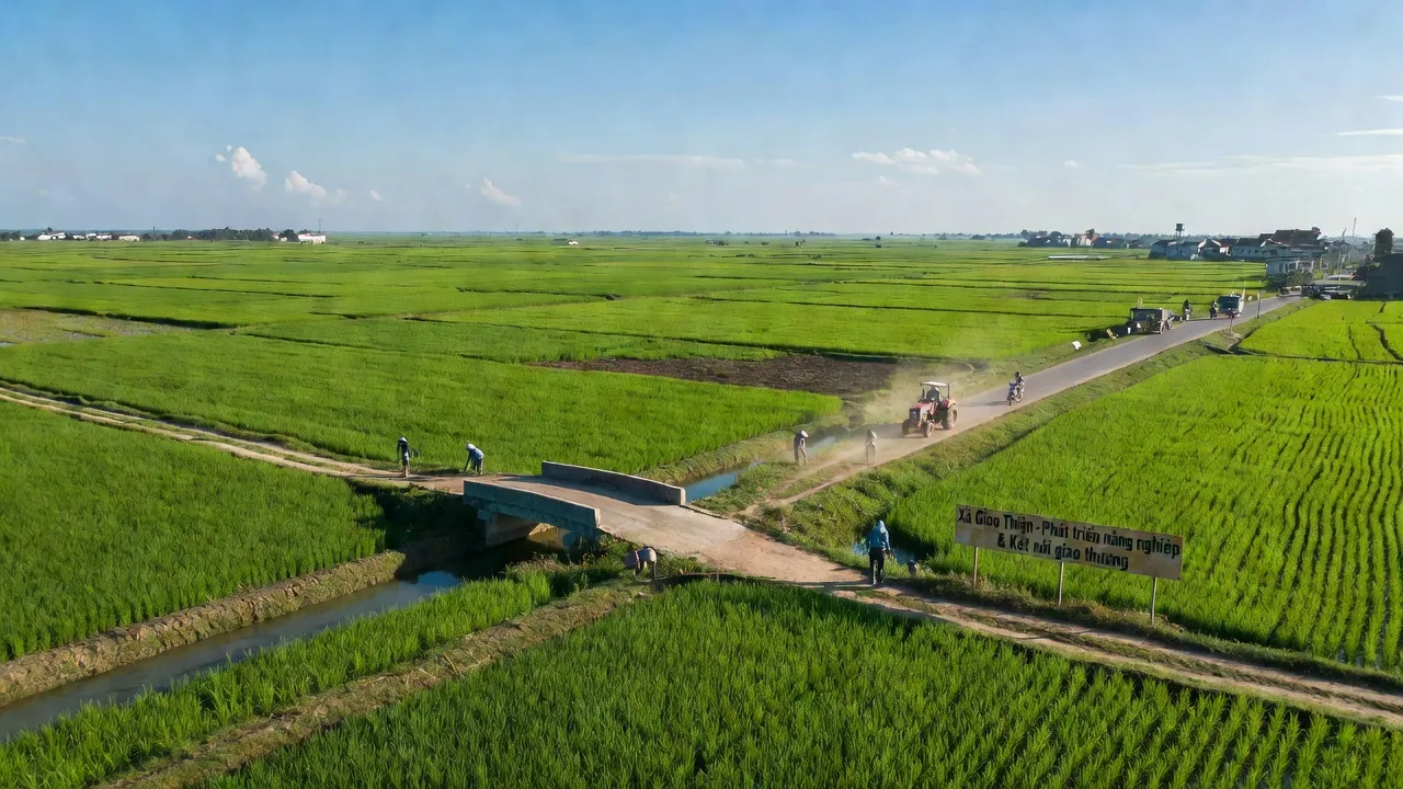 Cảnh quan xã Giao Thiện, Giao Thủy, Nam Định, cánh đồng xanh và trời trong, phát triển kinh tế địa phương.