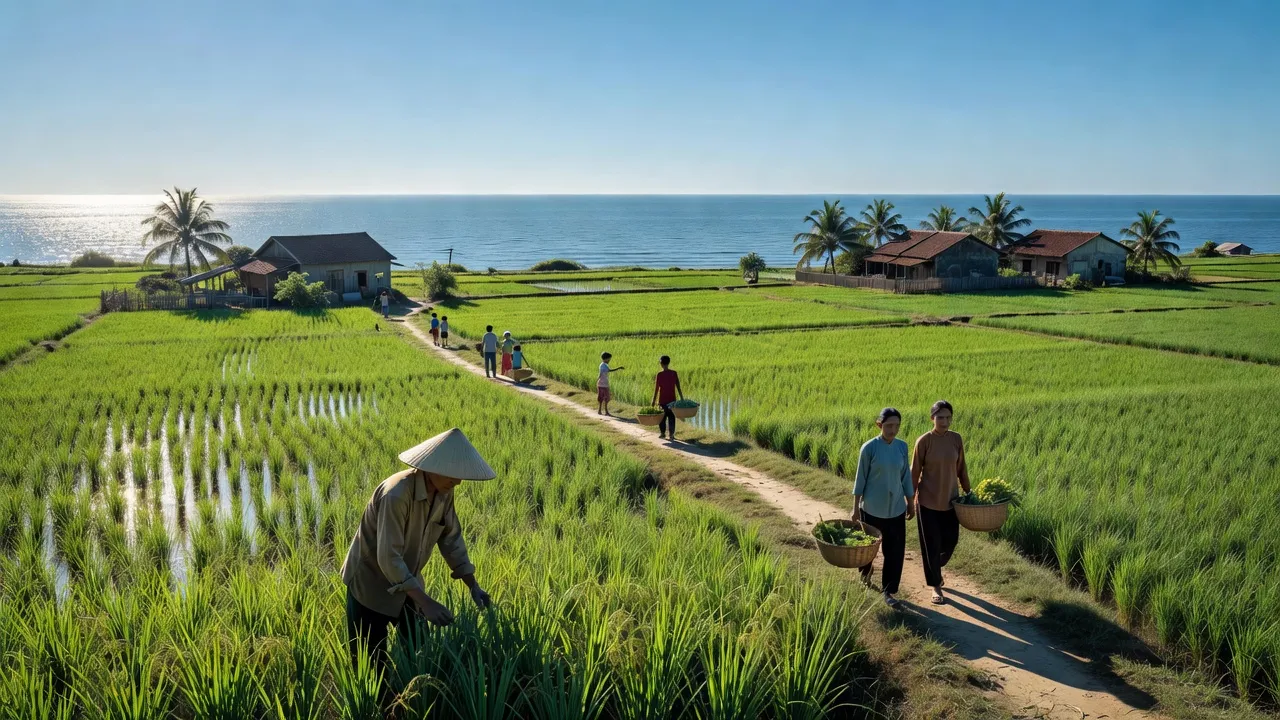 Khung cảnh xã Giao Thiện, huyện Giao Thủy, Nam Định, đồng xanh biển cả, cuộc sống địa phương.