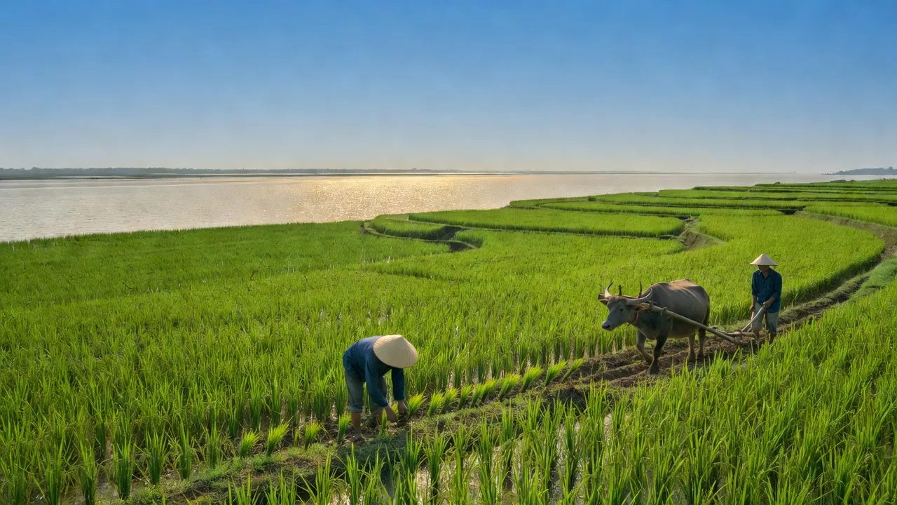 Khung cảnh xanh mát xã Giao Thịnh, huyện Giao Thủy, tỉnh Nam Định với ruộng lúa và cửa Ba Lạt.