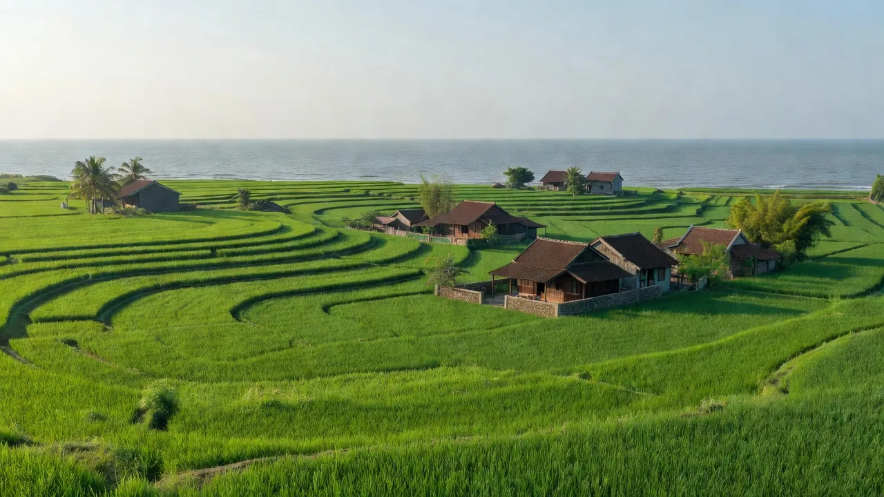 Phong cảnh đồng bằng ven biển Giao Thịnh, Nam Định, với ruộng xanh và nhà truyền thống.