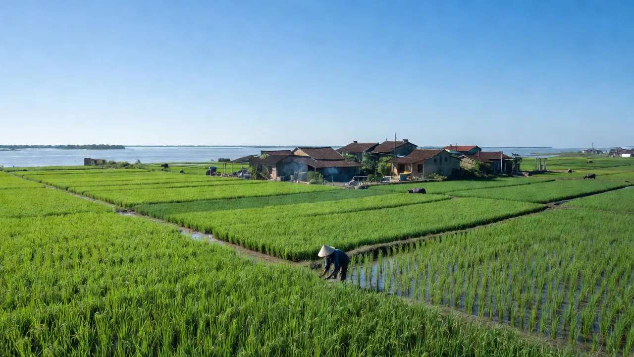 Cảnh đẹp xã Giao Xuân, huyện Giao Thủy, tỉnh Nam Định với cánh đồng xanh và bầu trời trong xanh.