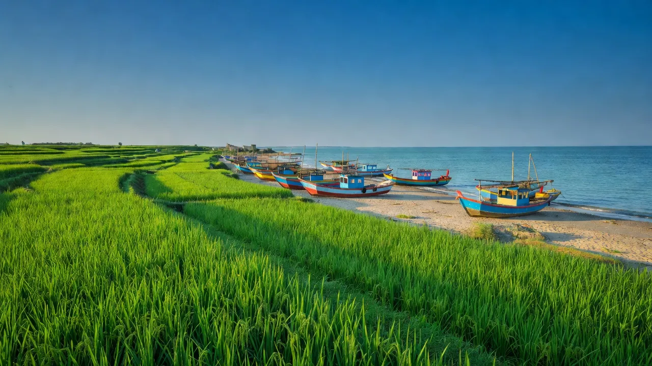 Cảnh quan ven biển tại xã Giao Xuân, huyện Giao Thủy, tỉnh Nam Định, với cánh đồng xanh và thuyền đánh cá.