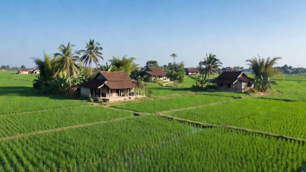 Bức tranh đồng quê Giao Yến, Giao Thủy, Nam Định với cánh đồng lúa và nhà truyền thống.
