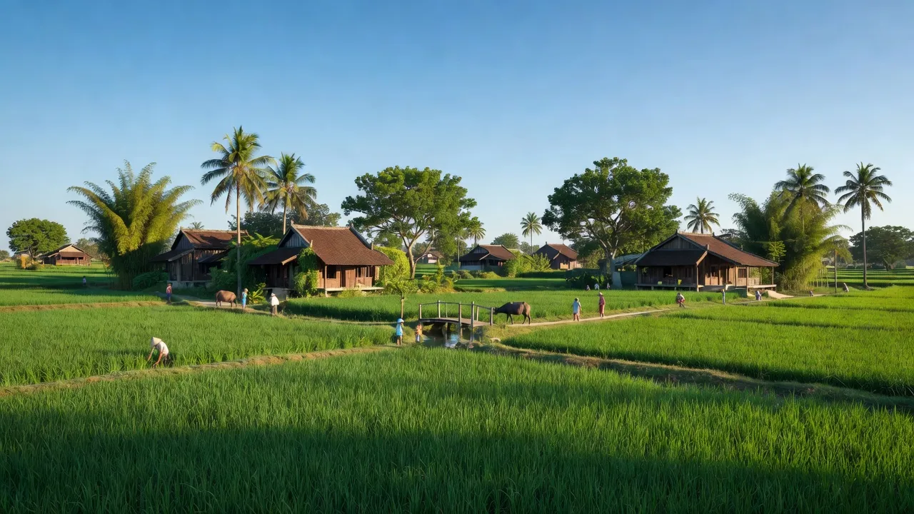 Cảnh đồng quê xã Giao Yến, huyện Giao Thủy, tỉnh Nam Định với cánh đồng xanh và nhà truyền thống.