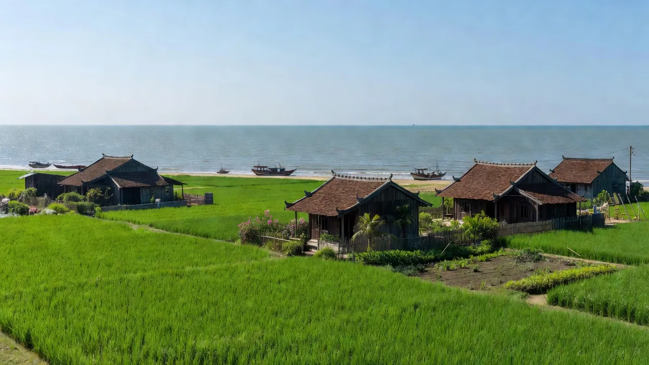 Khung cảnh huyện Hải Hậu, Nam Định với cánh đồng xanh và Biển Đông phía xa.