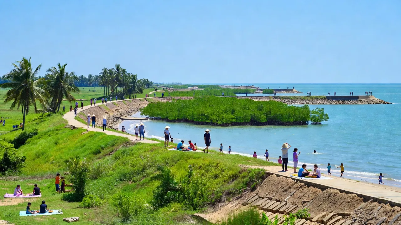 Thị trấn Cồn, Huyện Hải Hậu, Tỉnh Nam Định, with coastal landscape and protective dikes.