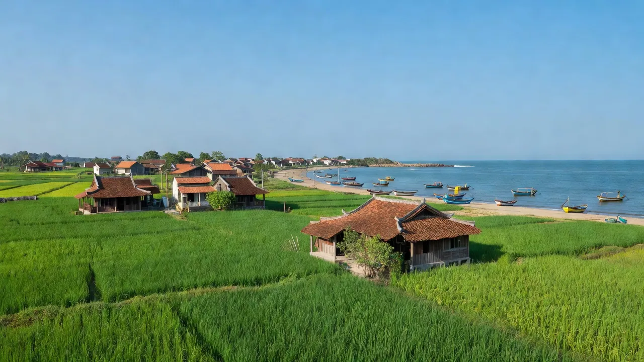 Hải Đông, Hải Hậu, Nam Định with coastal landscape and rice fields under blue sky.