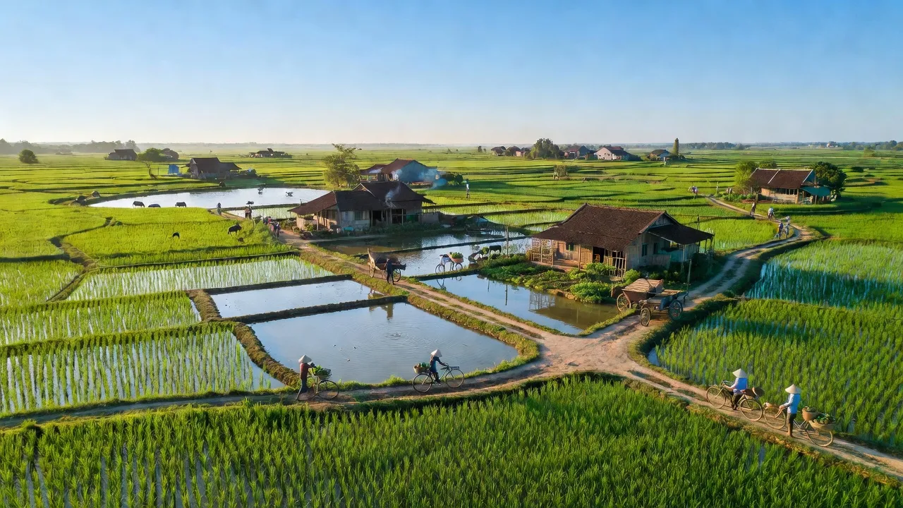 Khung cảnh Xã Hải Đường, Huyện Hải Hậu với cánh đồng lúa và nuôi trồng thủy sản, Nam Định.