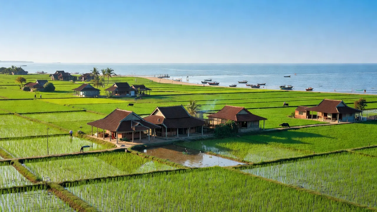 Cảnh đẹp Xã Hải Giang, huyện Hải Hậu, tỉnh Nam Định với cánh đồng lúa và nhà truyền thống.