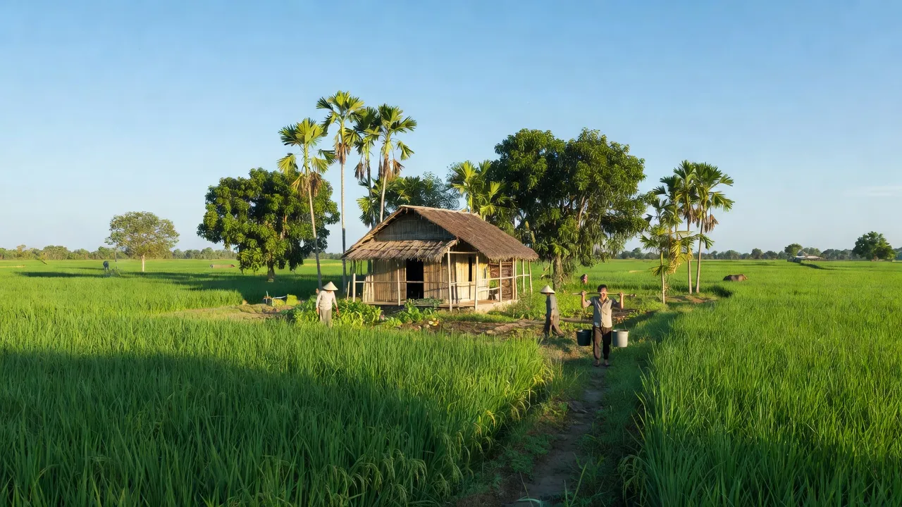 Cánh đồng lúa xanh ở Hải Giang, huyện Hải Hậu, Nam Định, nông thôn yên bình và truyền thống.