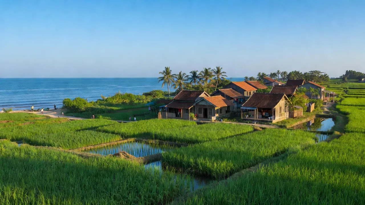 Khung cảnh làng Hải Hòa yên bình ở huyện Hải Hậu, tỉnh Nam Định với biển, ruộng lúa và nhà truyền thống.