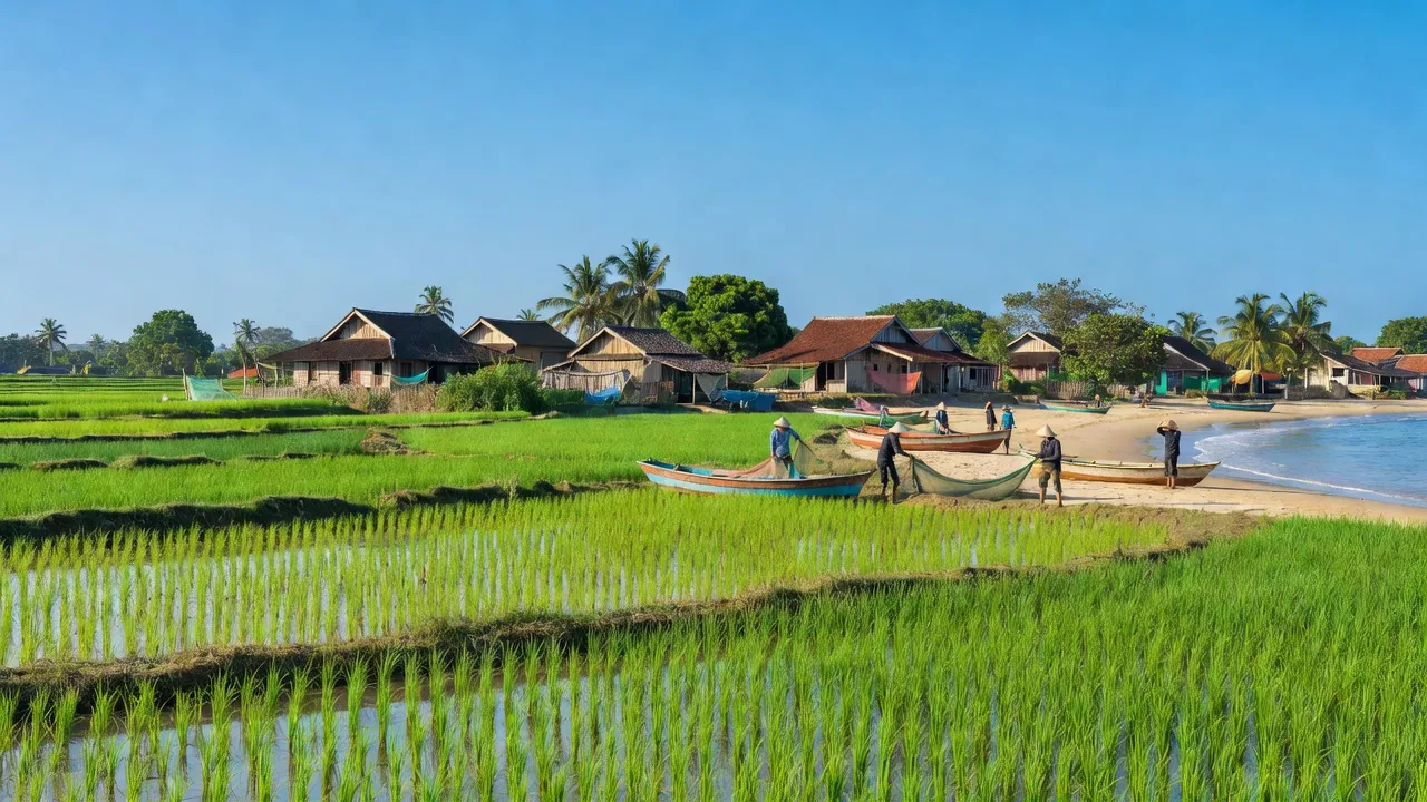 Khung cảnh đẹp của xã Hải Hưng, huyện Hải Hậu, với đồng ruộng xanh mướt và bãi biển trong xanh.