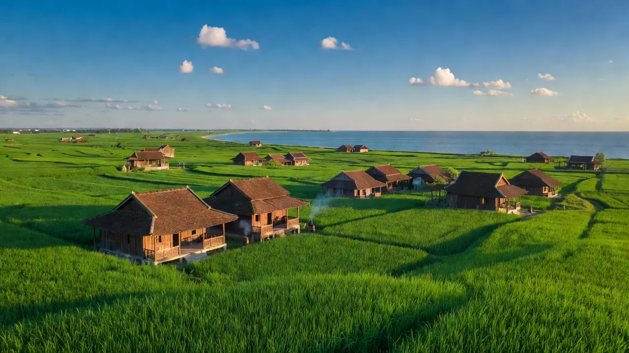 Khung cảnh thơ mộng xã Hải Hưng, huyện Hải Hậu, Nam Định với cánh đồng xanh và các ngôi nhà truyền thống.