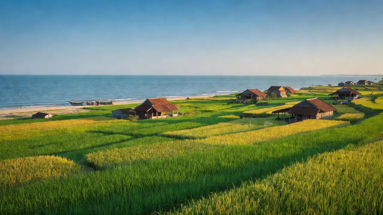 Cảnh đẹp Xã Hải Long, Hải Hậu, Nam Định với cánh đồng lúa ven biển và nhà truyền thống.
