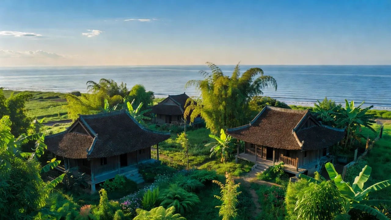 Cảnh biển xã Hải Minh, huyện Hải Hậu, tỉnh Nam Định với nhà truyền thống và thiên nhiên tươi đẹp.