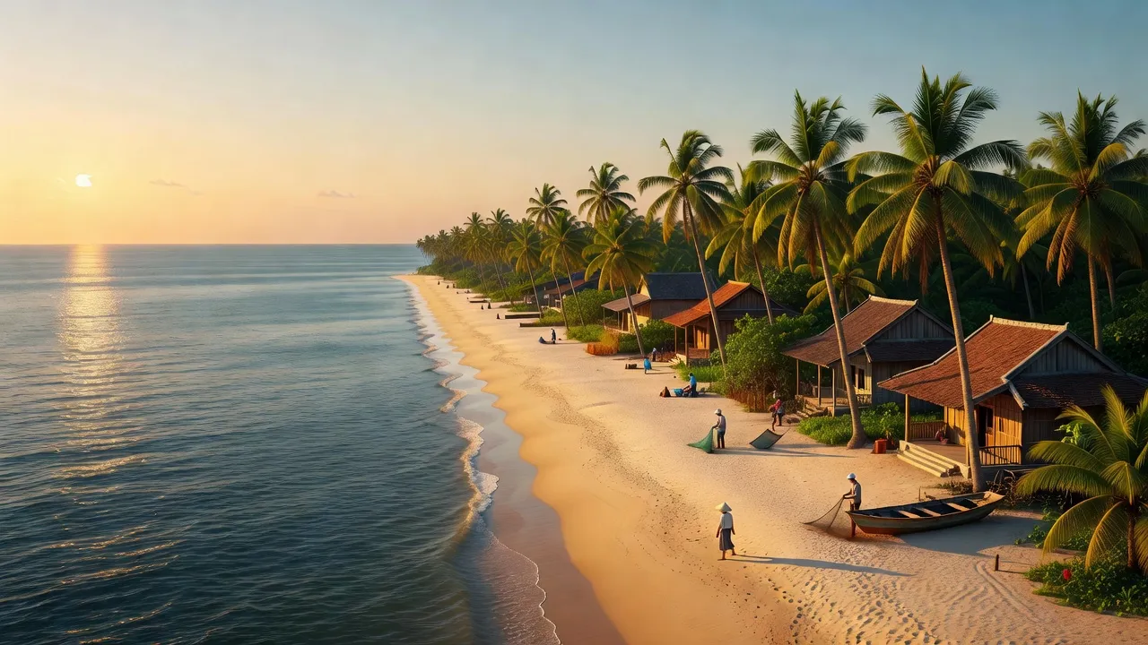 Cảnh biển xã Hải Nam, huyện Hải Hậu, Nam Định, với bãi cát và cây dừa điển hình.