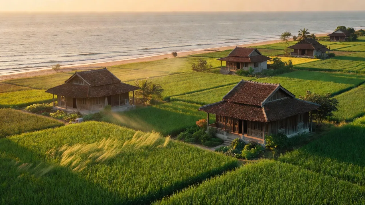 Cảnh biển yên bình tại xã Hải Nam, huyện Hải Hậu, tỉnh Nam Định với cánh đồng xanh.