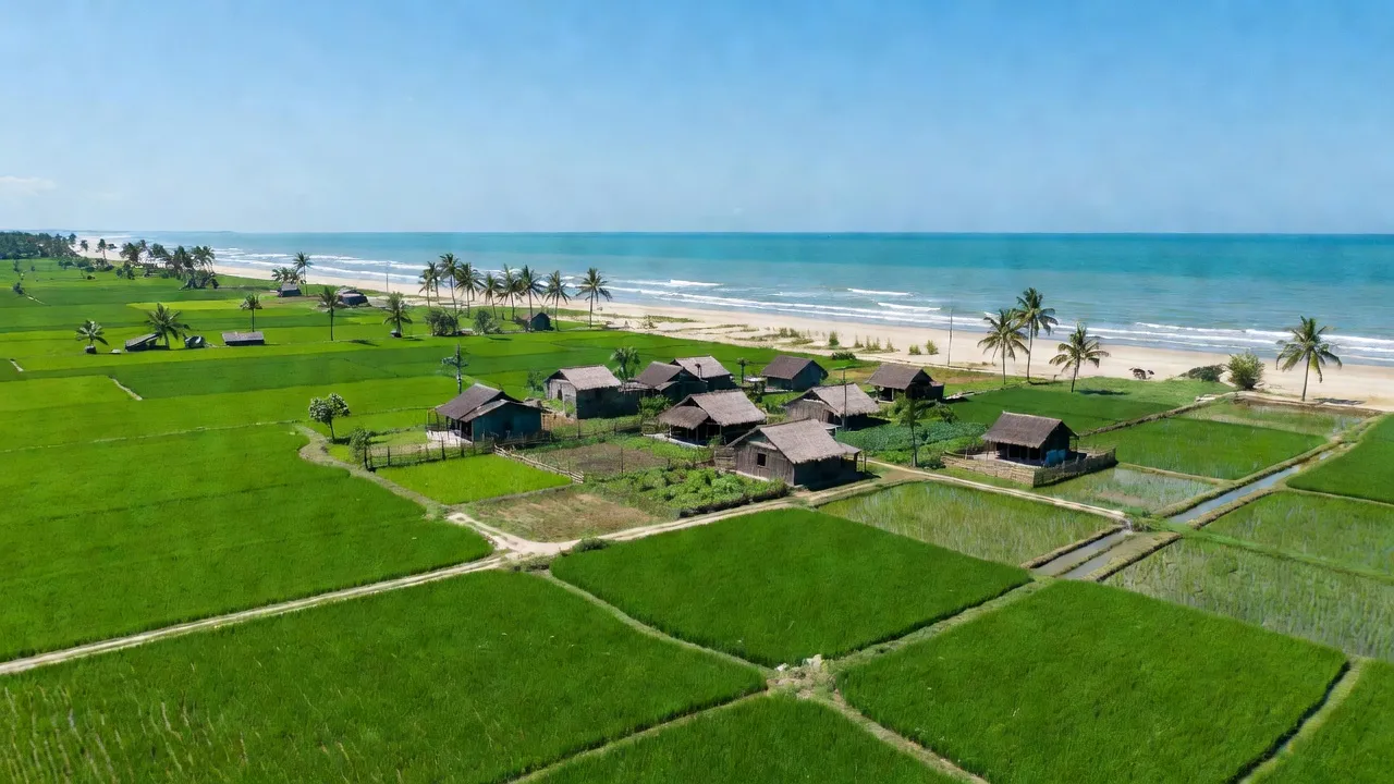 Quang cảnh xã Hải Ninh, huyện Hải Hậu, tỉnh Nam Định với đồng xanh và biển Đông.