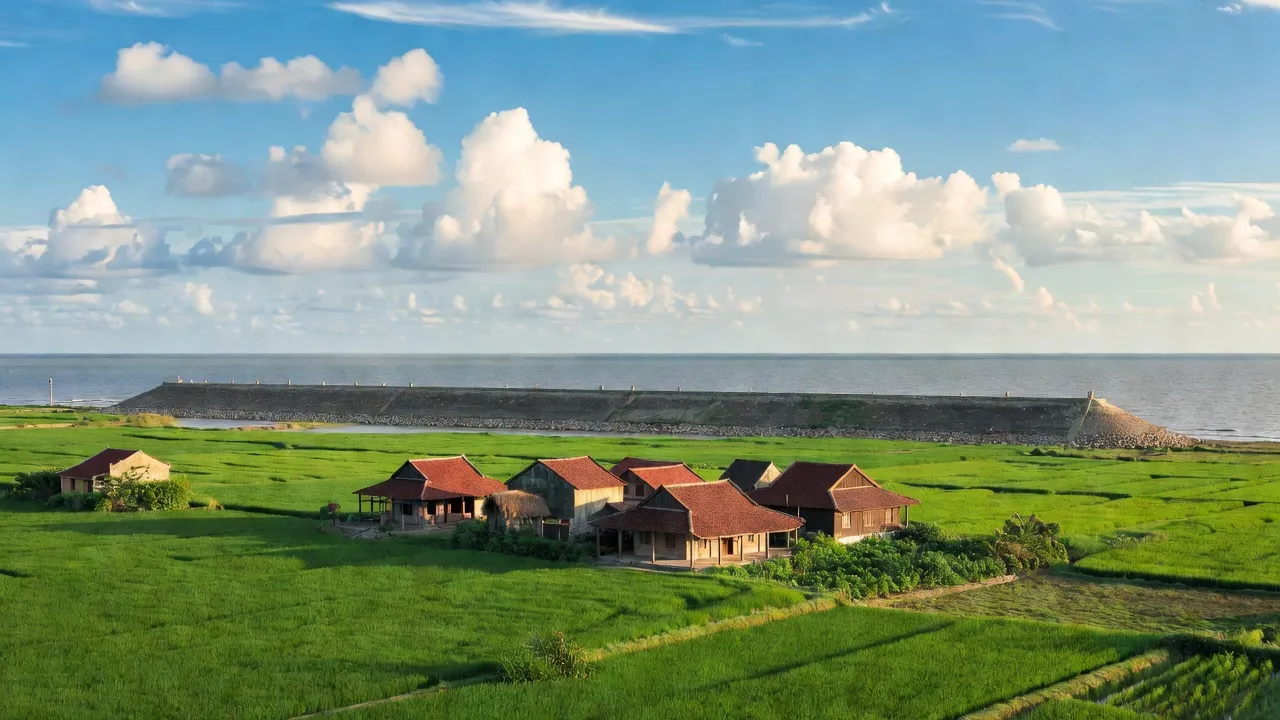 Phong cảnh biển tuyệt đẹp tại xã Hải Phong, huyện Hải Hậu, tỉnh Nam Định với đê biển và nhà truyền thống.