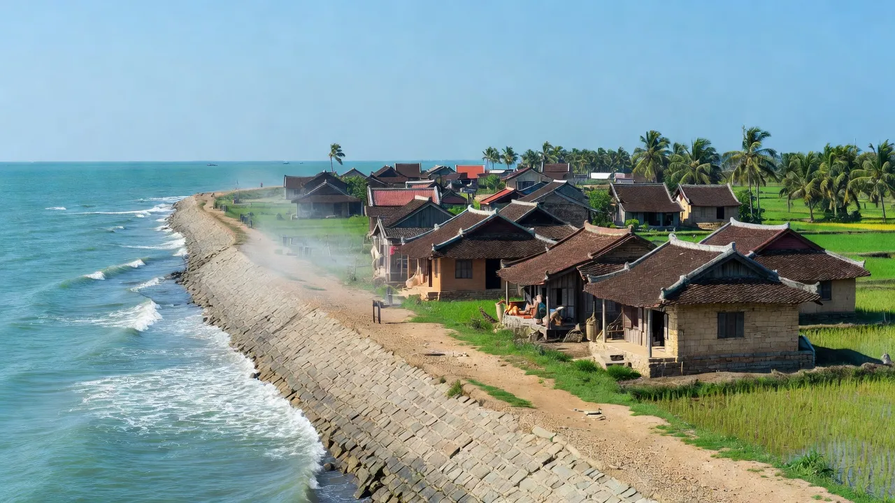 Quang cảnh xã Hải Phong, huyện Hải Hậu, tỉnh Nam Định với đê biển và nhà truyền thống.