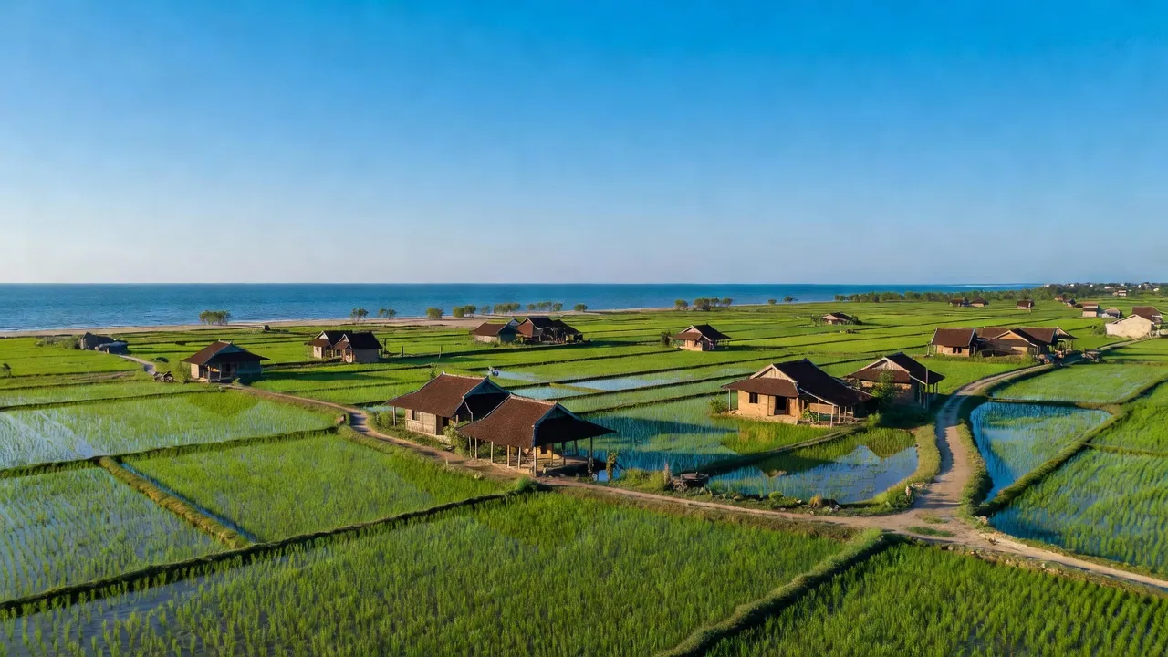 Cảnh đồng lúa Hải Phú, Hải Hậu, Nam Định với bầu trời trong xanh và nhà truyền thống.