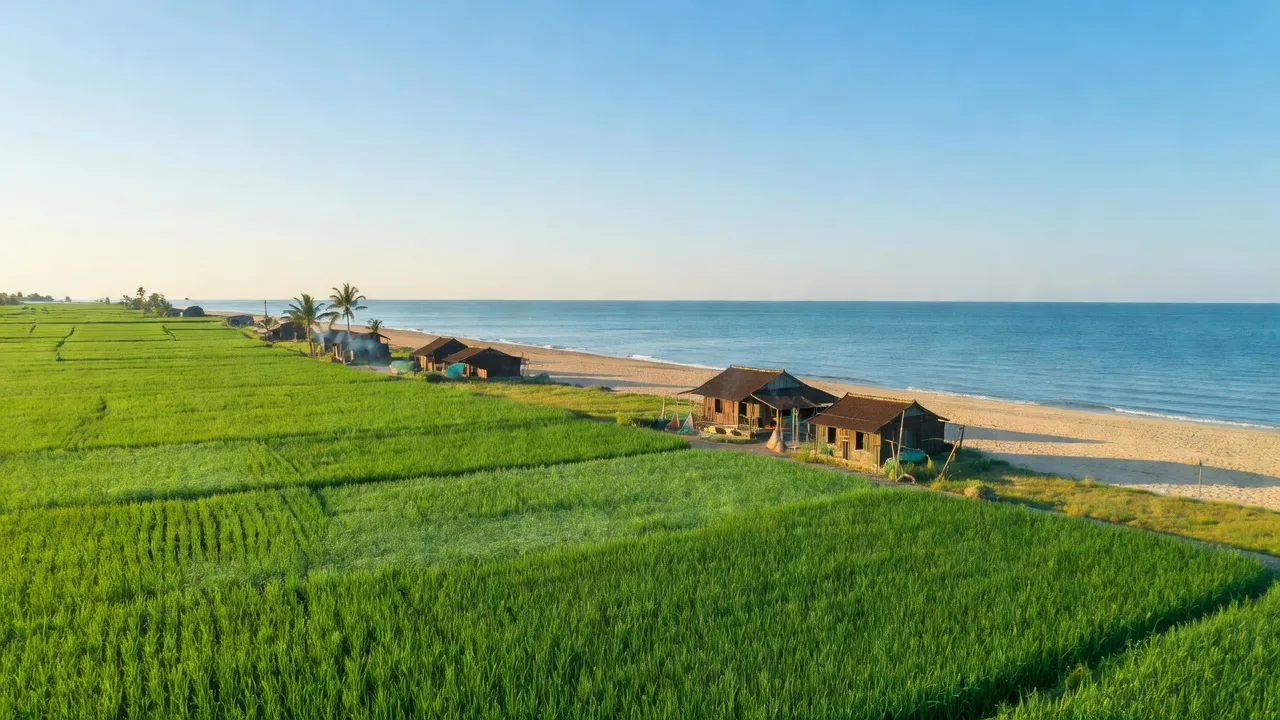 Cảnh quan xã Hải Sơn, huyện Hải Hậu, tỉnh Nam Định, đồng ruộng xanh, bãi biển và kiến trúc nhà ven biển.