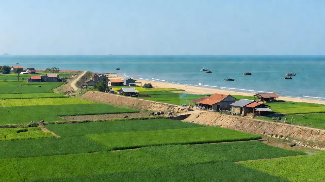 Khung cảnh xã Hải Sơn, huyện Hải Hậu, tỉnh Nam Định với đồng xanh và đê biển chắc chắn.