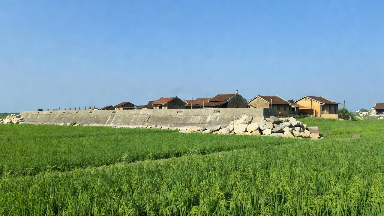 Cảnh biển xã Hải Tân, huyện Hải Hậu, Nam Định với đê điều và nhà truyền thống.