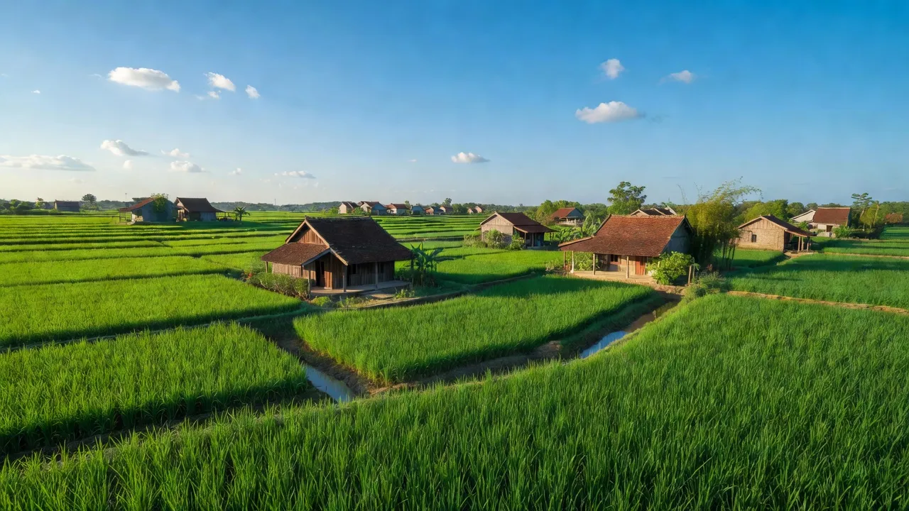 Quang cảnh xã Hải Trung, huyện Hải Hậu, tỉnh Nam Định với ruộng bậc thang và nhà truyền thống.
