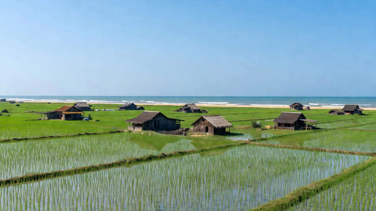 Cảnh biển yên bình tại xã Hải Xuân, huyện Hải Hậu, tỉnh Nam Định với cánh đồng lúa và nhà truyền thống.