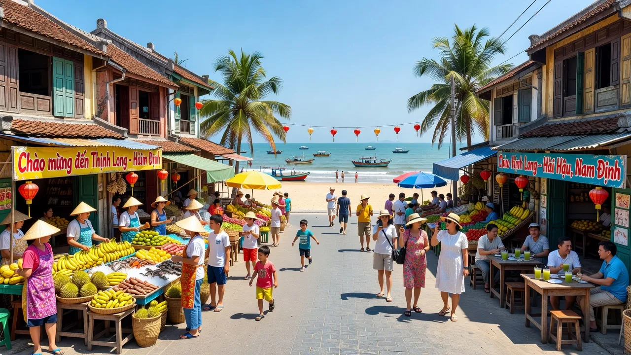 Thị trấn Thịnh Long ở huyện Hải Hậu, Nam Định, với cảnh biển và chợ địa phương sôi động.